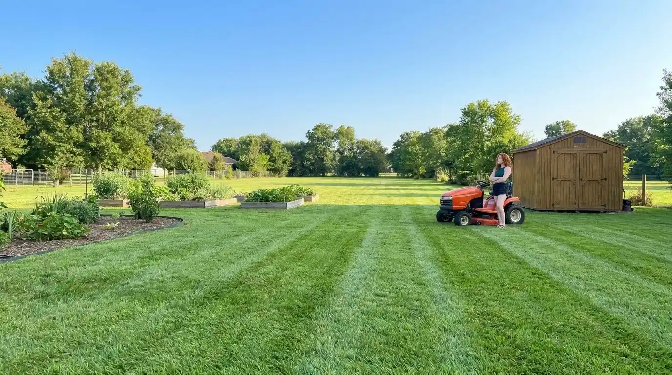 Freshly mowed backyard lawn after using a garden tractor