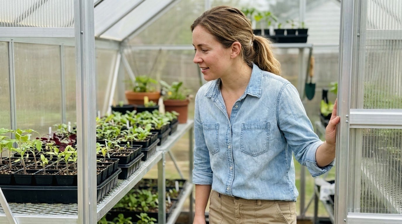 Gardener standing inside a beginner greenhouse kit checking seedling trays