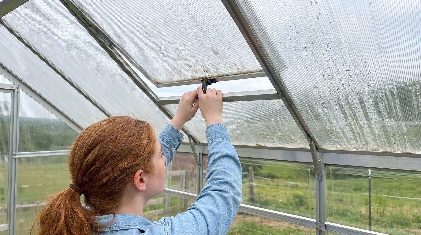 Adjusting the roof vent on a beginner greenhouse kit for proper ventilation