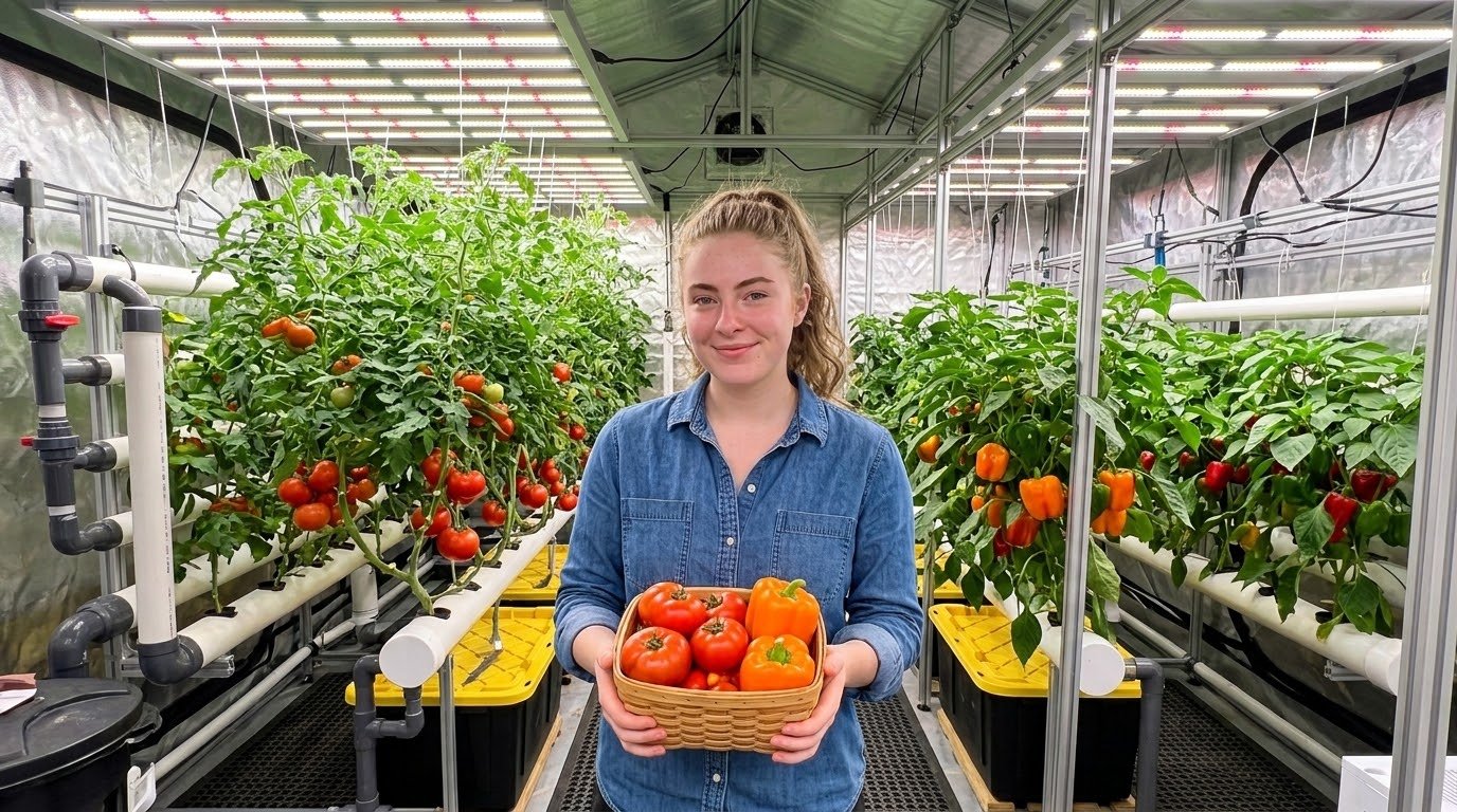 Fresh tomato and pepper harvest grown using the best hydroponic nutrients for vegetables
