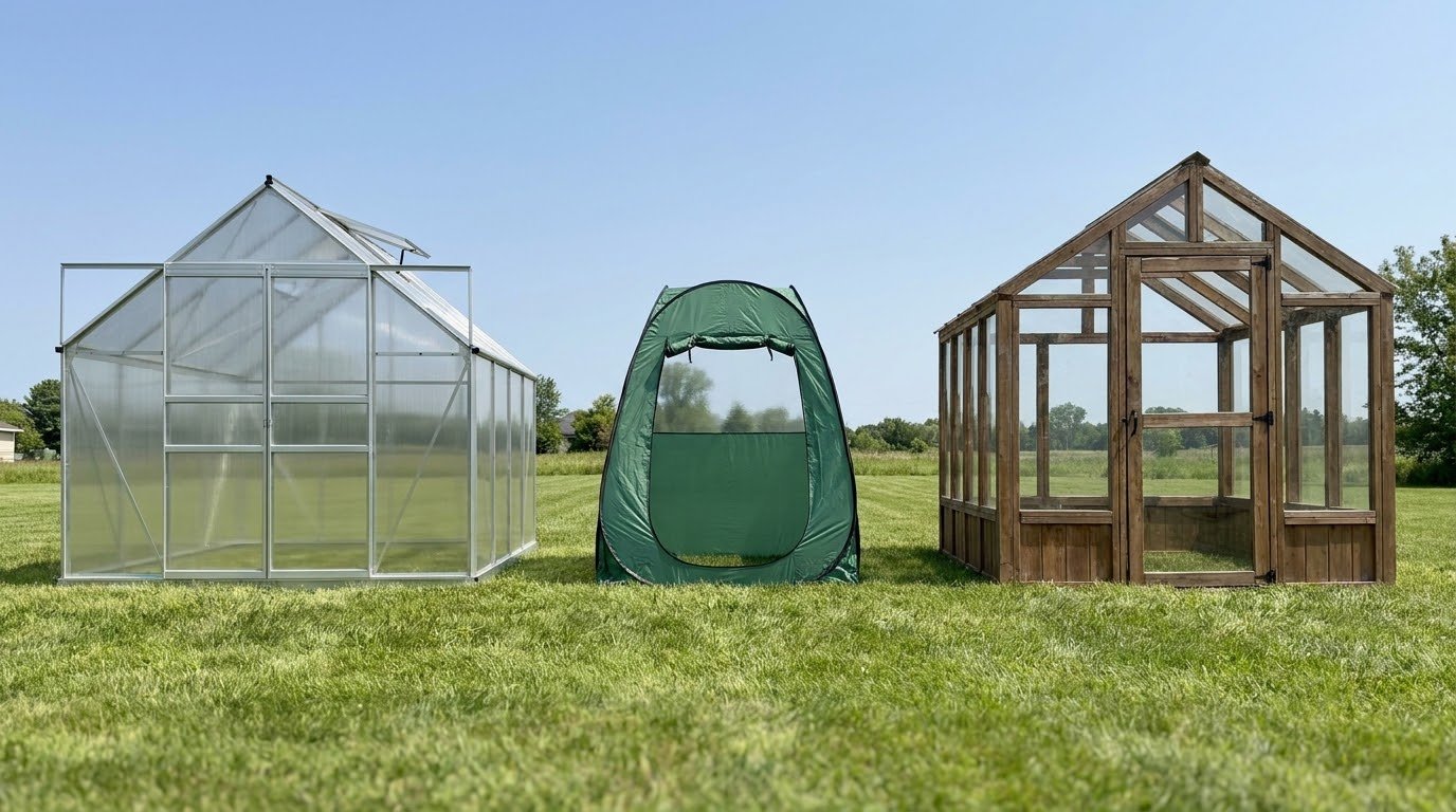 Comparison of greenhouse kit types including polycarbonate, portable tent, and wooden frame styles