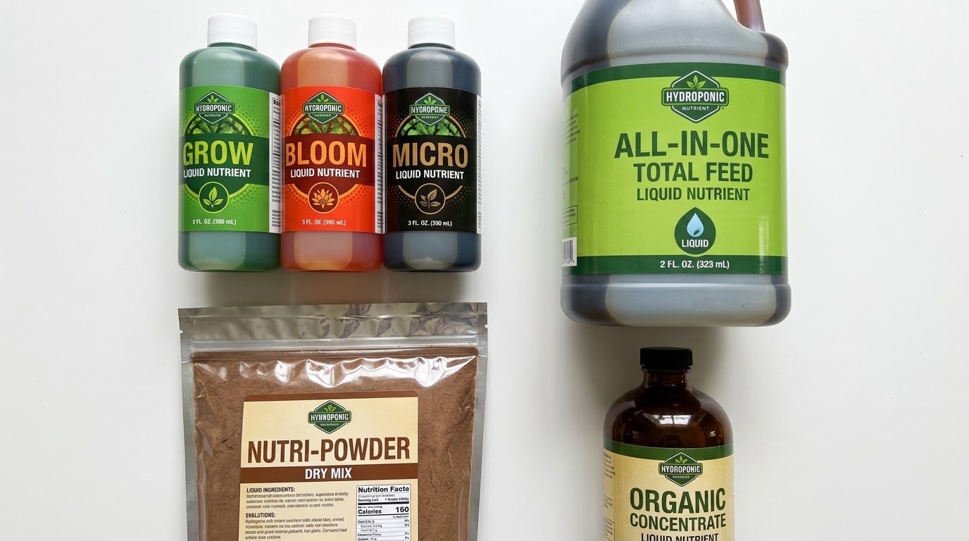 Comparison of hydroponic nutrient types including liquid, powdered, and organic formulas for vegetables