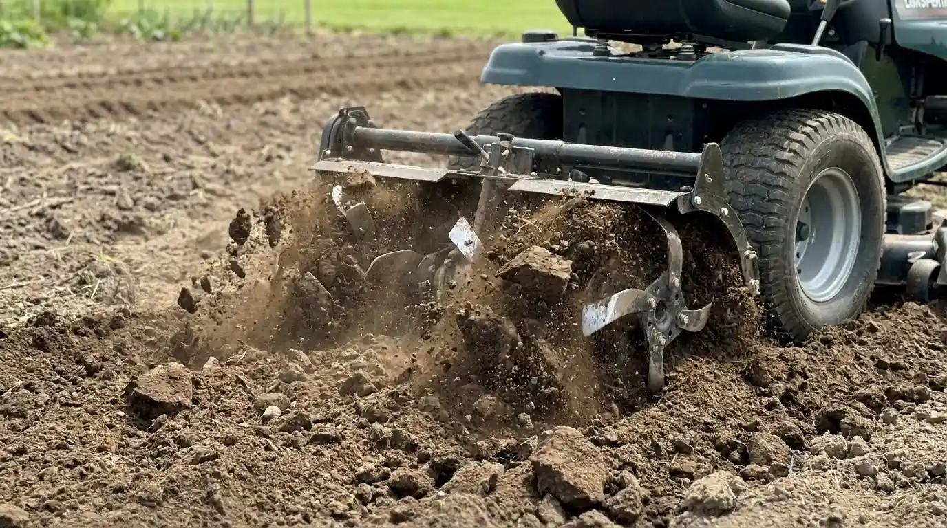 Garden tractor with tiller attachment working through vegetable garden soil