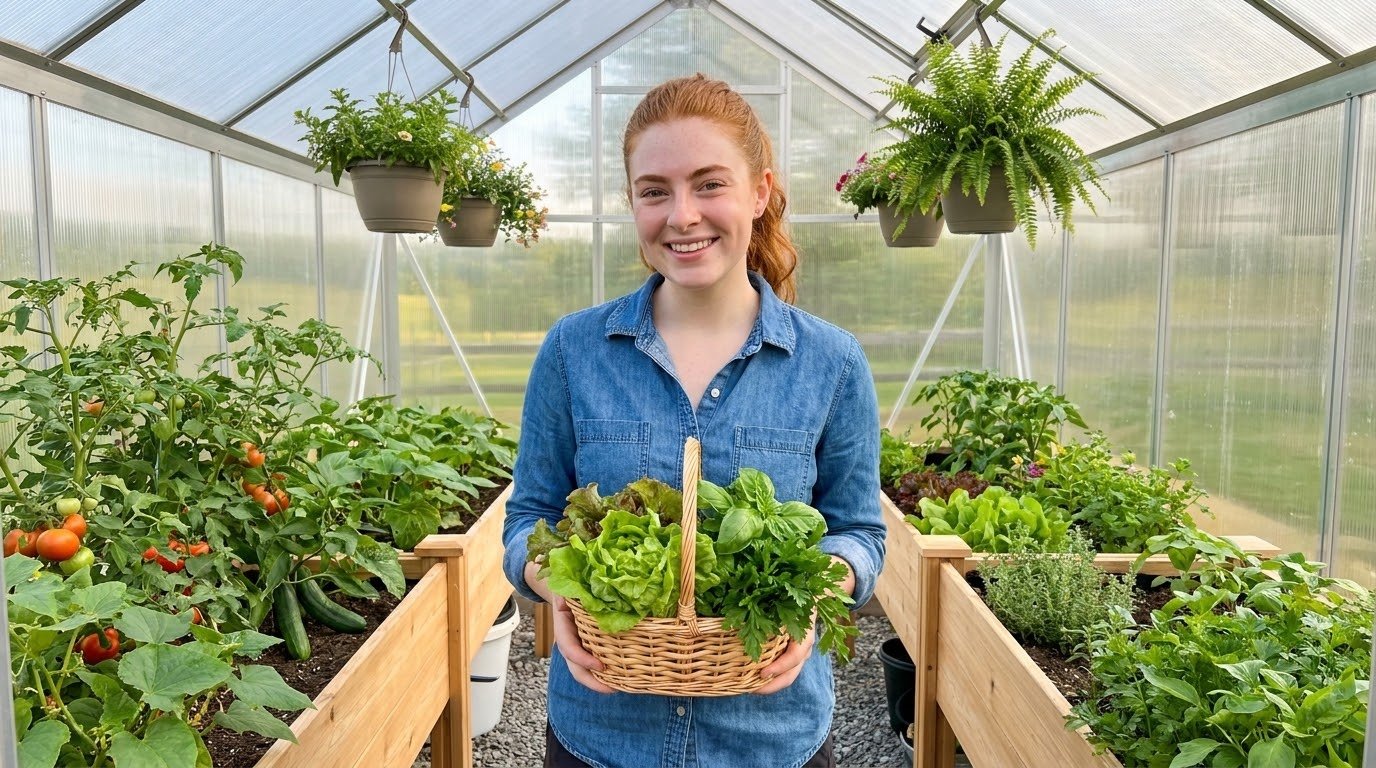 Thriving vegetables and herbs growing inside a beginner greenhouse kit