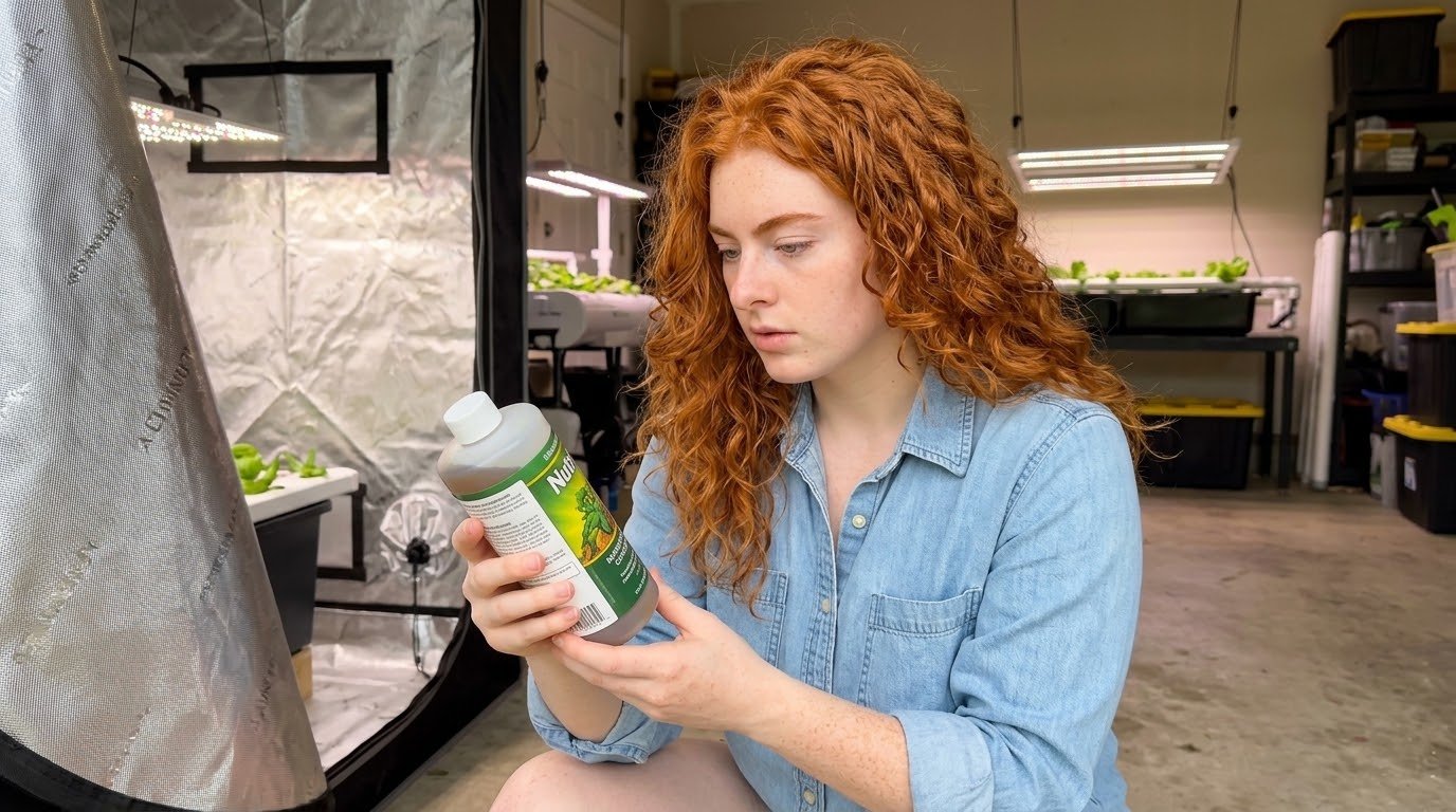 Gardener reading a hydroponic nutrient bottle label before feeding vegetable plants