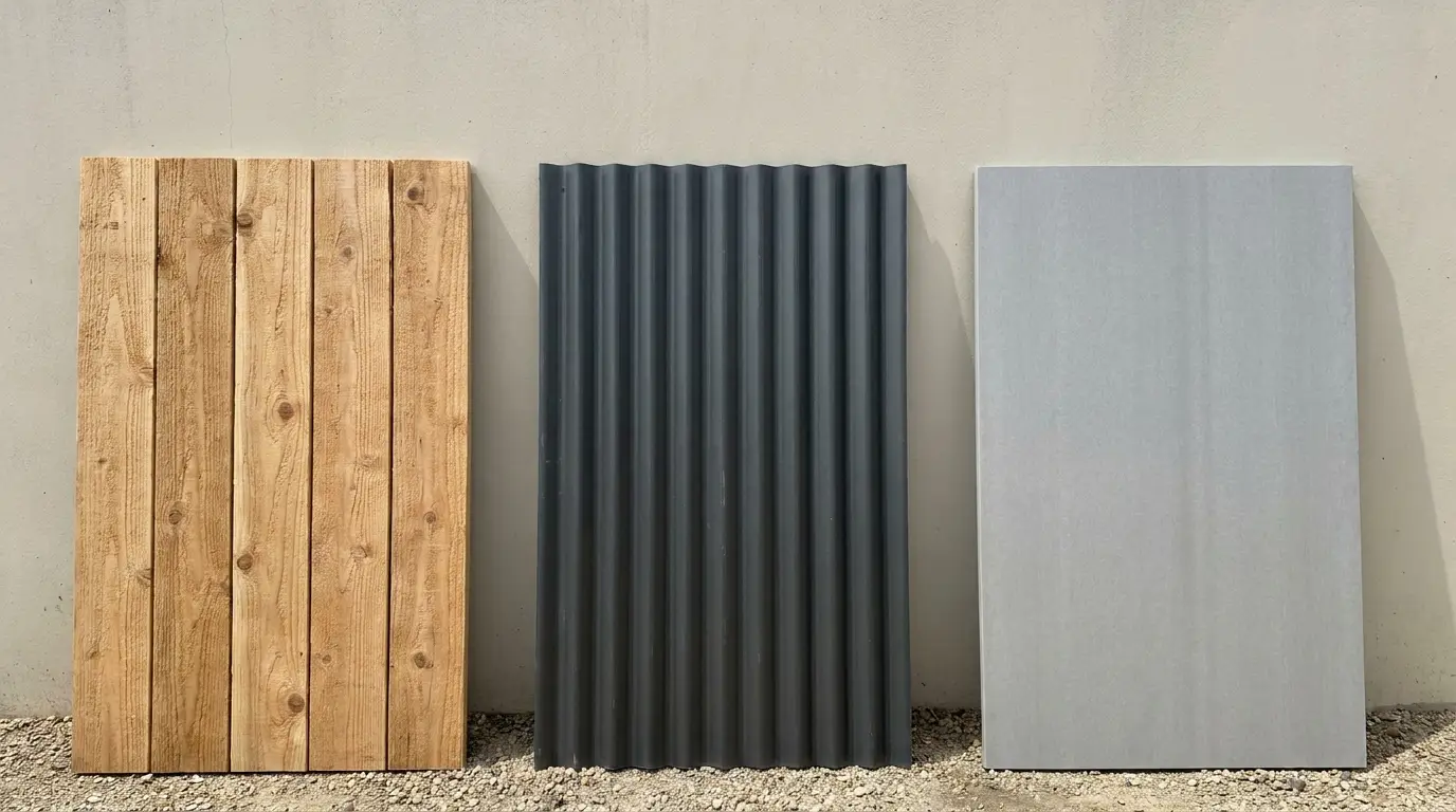 Close-up comparison of raised garden bed kit materials — cedar wood, galvanized steel, and composite panel
