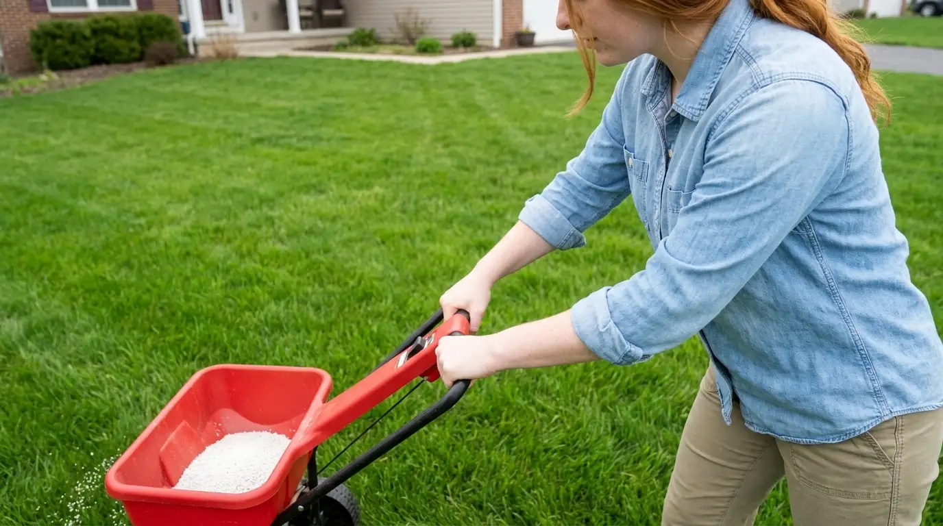 Homeowner applying granular lawn fertilizer with a broadcast spreader to control weeds