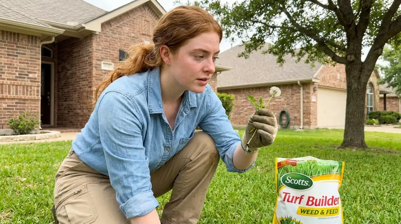 Gardener inspecting dandelion weeds on a lawn before applying weed and feed fertilizer