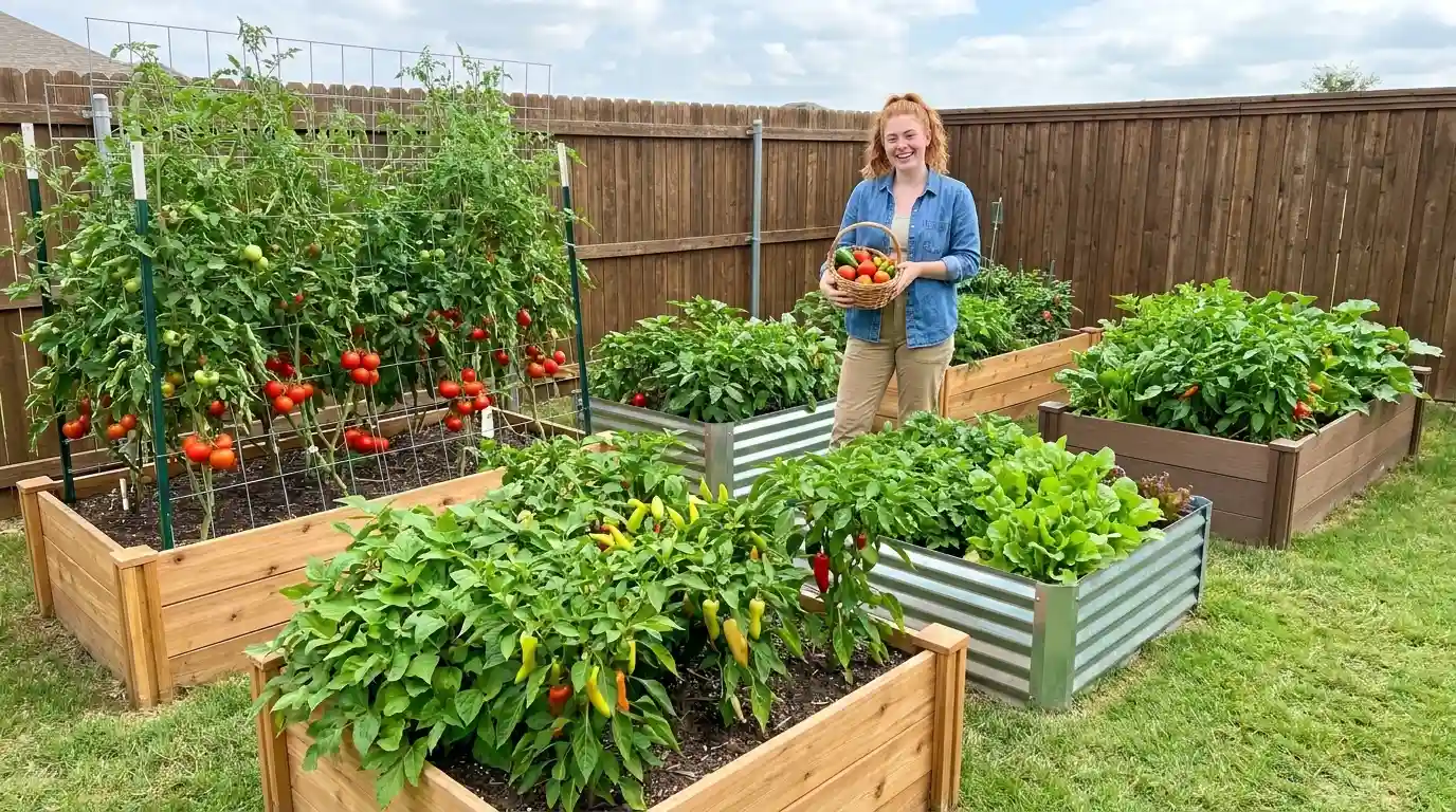 Backyard raised garden bed kits filled with mature tomato and pepper plants ready for harvest