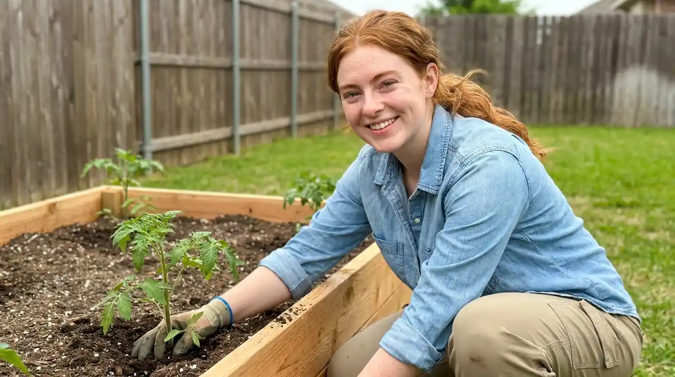 Young woman gardener planting a tomato seedling in a cedar raised garden bed kit