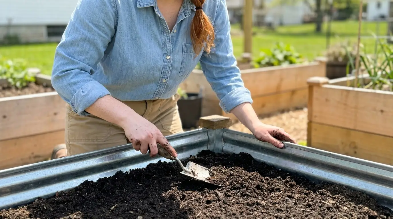 Gardener smoothing soil inside a galvanized steel raised garden bed kit