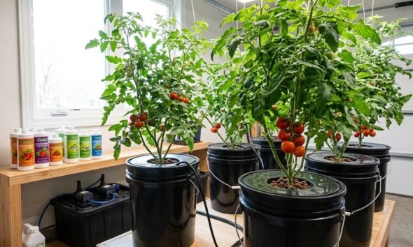 Best hydroponic nutrients for vegetables setup showing tomato plants growing in a deep water culture system