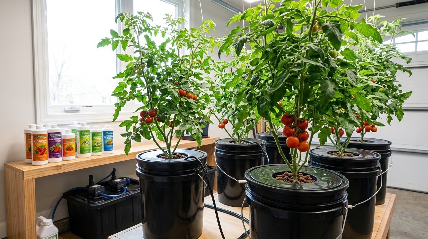 Best hydroponic nutrients for vegetables setup showing tomato plants growing in a deep water culture system