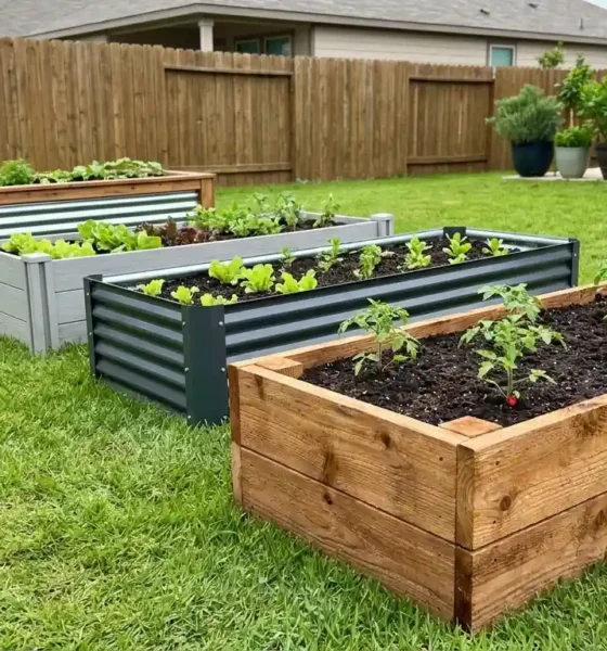 Five types of best raised garden bed kits including cedar wood, galvanized steel, and composite beds arranged in a backyard garden