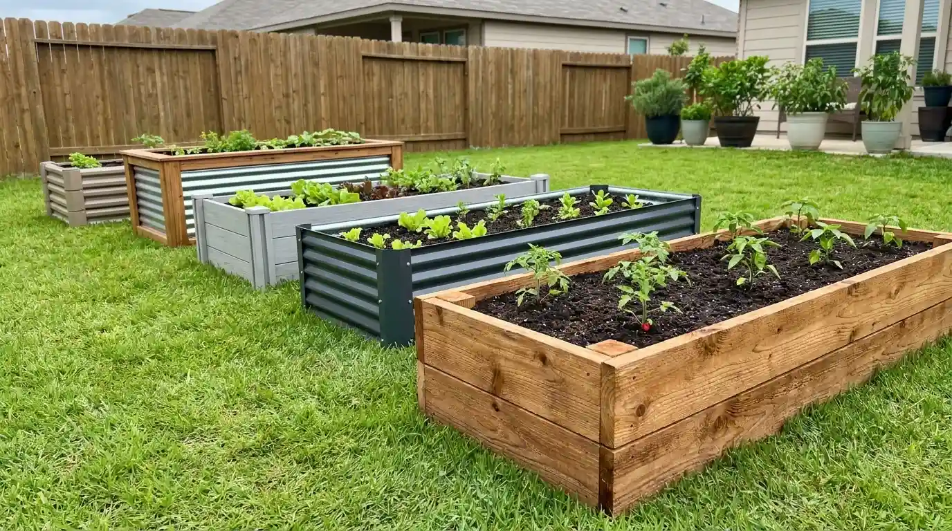 Five types of best raised garden bed kits including cedar wood, galvanized steel, and composite beds arranged in a backyard garden