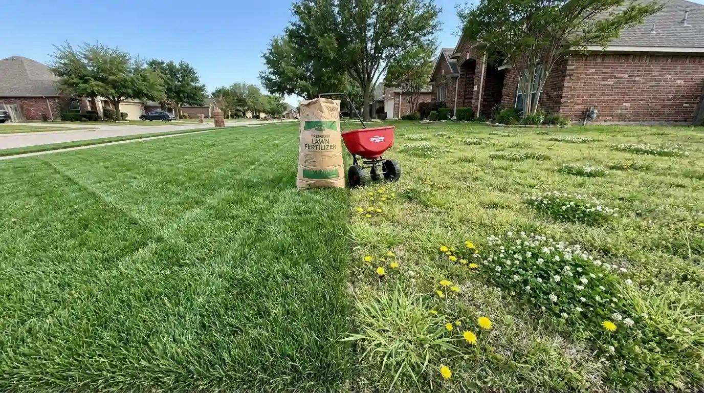 Best lawn fertilizer for weeds comparison showing healthy weed-free grass next to a weedy lawn patch